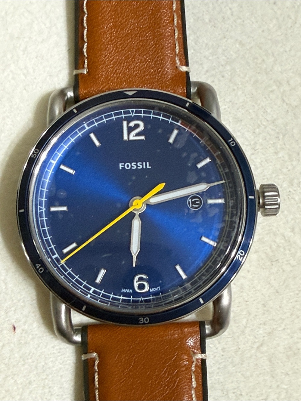 Fossil Blue Dial Watch with Yellow Second Hand and Brown Leather Strap
